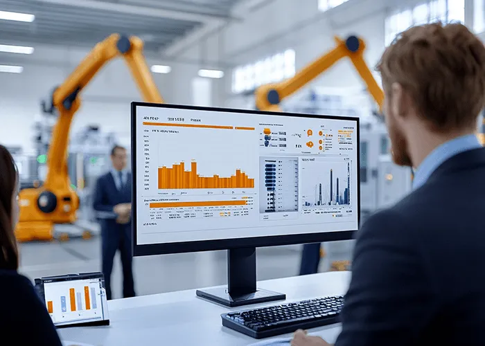 Commerce-Team analysiert KI-gestützte Kennzahlen auf einem Monitor